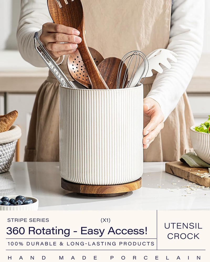 GET STAR 7.9" Extra Large Utensil Holder for Kitchen Counter,360°Rotating Ceramic Utensils Crocks Utensil Organizer for Spatula Farmhouse Kitchen Decor - Image 2